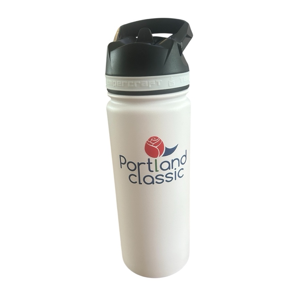 Tempercraft white 18 oz water bottle with Portland Classic logo